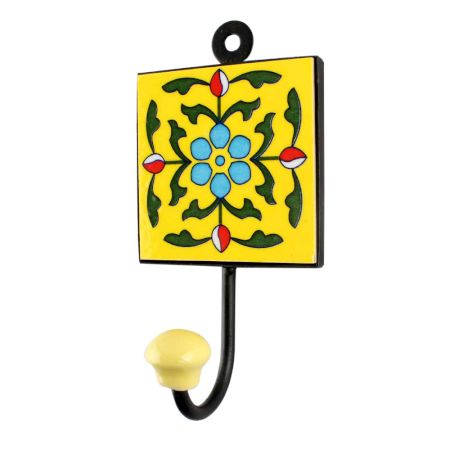 Yellow Ceramic Floral Tile Wall Hook